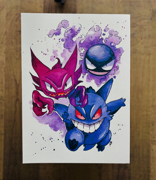 Ghastly, Haunter & Gengar Watercolour Print